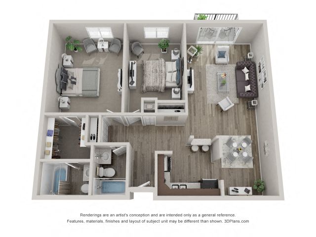 Floor plan for 2 beds, 2 baths, 1025 sqft